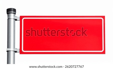 A blank rectangular red sign with a white border is mounted on a metal pole against a white background. Its perfect for advertising or public notices.