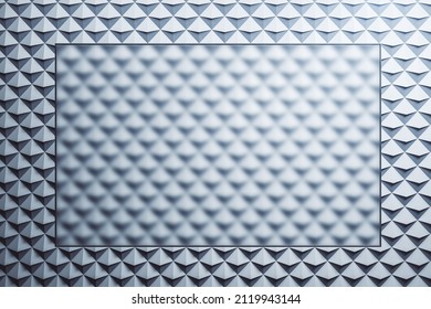 Blank rectangular transparent glass poster on abstract gray triangular background. Technology and geometry concept. Mock up, 3D Rendering