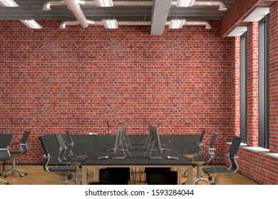 Blank Red Brick Wall Mock Up In Office Interior. 3d Render.