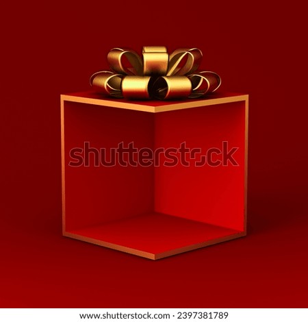 Blank red display corner gift box mockup products showcase stand with gold ribbon bow isolated on dark red background minimal conceptual 3D rendering
