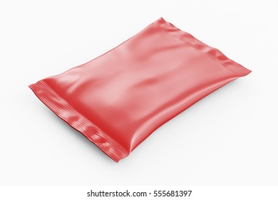 Blank Red Foil Snack Pillow Bag On White Background. Isolated Include Clipping Path. 3d Render