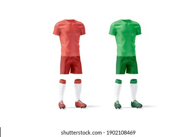 Blank red and green soccer uniform mockup set, side view, 3d rendering. Empty team player tracksuit for football match mock up, isolated. Clear t-shirt, shoes, shorts and socks for sport template. - Powered by Shutterstock