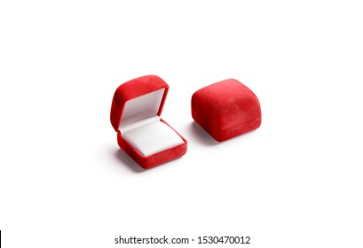 Blank Red Opened And Closed Ring Box Mock Up, Isolated, 3d Rendering. Empty Love Gift Mockup, Side View. Clear Small Showcase With Pad For Marry Proposal Mokcup Template.