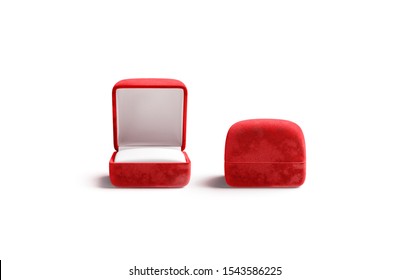 Blank Red Opened And Closed Ring Box Mockup, Front View, 3d Rendering. Empty Gules Jewel Case Mock Up Isolated. Clear Precious Present For Valentine Day Or Marriage Mokcup Template.