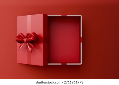 Blank red rectangle gift box mock up open or top view of white present box product display showcase frame tied with red ribbon bow resting on a vibrant red background.