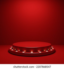 Blank Red Stage Podium Pedestal With Retro Yellow Neon Spotlight Bulbs Or Blank Product Display Stand Platform Isolated On Red Background With Shadow Minimal Conceptual 3D Rendering