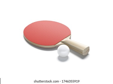 Blank Red Wood Table Tennis Racket With Ball Mockup, Isolated, 3d Rendering. Empty Rubber Paddle And Bal For Ping Pong Game Mock Up, Side View. Clear Tabletennis Equipment Mokcup Template.