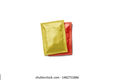 Blank Red And Yellow Sachet Packet Stack Mockup Set, 3d Rendering. Empty Sealed Seasoning Package Mock Up, Top View. Clear Rectangular Pack With Catsup And Spicy Mustard Pile Template.