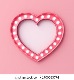 Blank Retro Love Heart Sign Billboard With Glowing Light Bulbs Isolated On Pink Pastel Color Wall Background Minimal Conceptual 3D Rendering