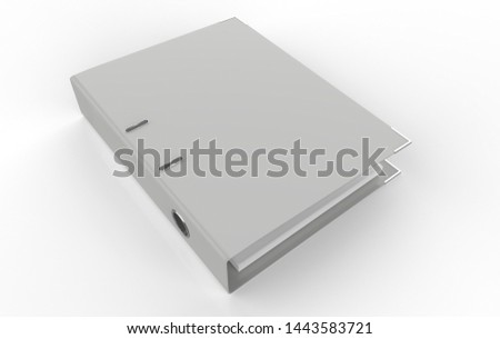 Blank ring binder folder design mockup. Self-binder mock up with stack of a4 paper. Office supply cardboard folder branding presentation. Desk lever arch file cover. 3d illustration 