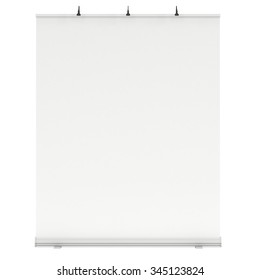 Blank Roll Up Banner Stand. Trade Show Booth White And Blank. 3d Render Isolated On White Background. High Resolution Template For Your Design.