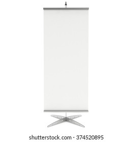 Blank Roll Up Banner Stand. Trade Show Booth White And Blank. 3d Render Illustration Isolated On White Background. Template Mockup For Your Expo Design.