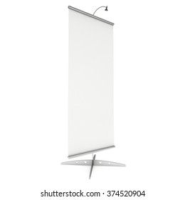Blank Roll Up Banner Stand. Trade Show Booth White And Blank. 3d Render Illustration Isolated On White Background. Template Mockup For Your Expo Design.