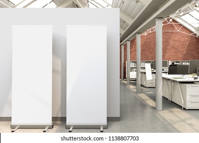 Blank Roll Up Banner Stands In Loft Office With Clipping Path Around Ad Banner. 3d Render