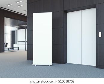 Blank roll up bunner in the modern office lobby with dark wooden walls. 3d rendering
