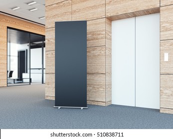 Blank roll up bunner in the modern office lobby with wooden walls. 3d rendering
