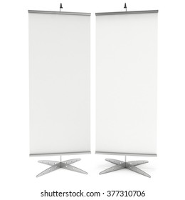 Blank Roll Up Expo Banner Stand. Trade Show Booth White And Blank. 3d Render Illustration Isolated On White Background. Template Mockup For Your Expo Design.