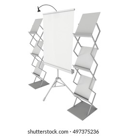 Blank Roll Up Expo Banner Stand on Tripod. Trade show booth white and blank. 3d render illustration isolated on white background. Template mockup for your expo design. - Shutterstock ID 497375236