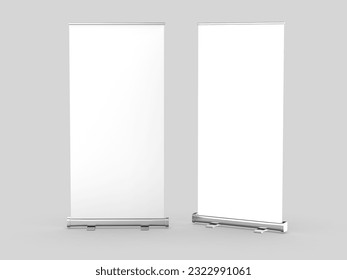 Blank roll-up standee advertising banner template stand for presentations, conferences, seminars, exhibitions,  background, 3d illustration. - Powered by Shutterstock