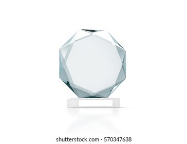 Blank round glass trophy mockup, 3d rendering. Empty acrylic award design mock up. Transparent crystal prize plate template. Premium first place prise plaque, isolated on white, front view.