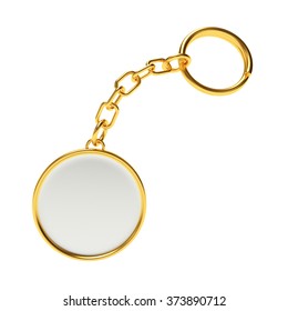 Blank Round Golden Key Chain With Key Ring Isolated On White Background