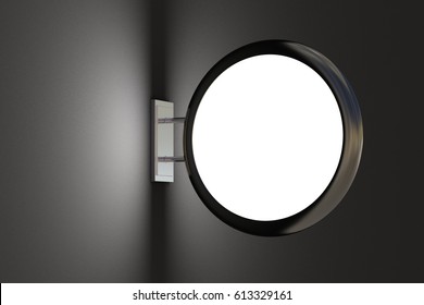 Blank Round Light Box Sign Mockup On Dark Blank Wall. With Clipping Path. 3d Render