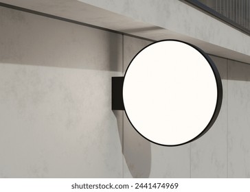 Blank round signboard mock up, on facade. Copy space for store sign, logo, advertising. Modern empty outdoor signage, mockup to add company logo. Shop Signboard. Illuminated lightbox. 3D Illustration