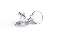 Blank Round Silver Cufflinks Toggle Mockup Pair, Isolated, 3d Rendering. Empty Clutch Label Cuff Link For Formalwear Mock Up, Front And Back, Side View. Clear Circle Cuff Buckle Brooch Template.