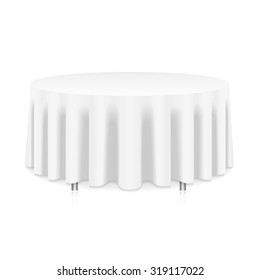 Blank Round Table With White Tablecloth Isolated