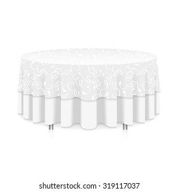 Blank Round Table With White Tablecloth Isolated