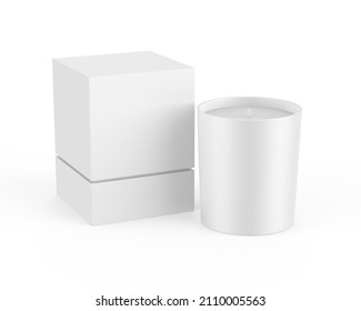 Blank Scented Candle With Paper Box Packaging For Branding And Mock Up, Votive Candle With Hard Box Mockup On Isolated White Background, 3d Render Illustration.