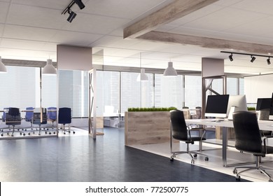 Blank Screen Computer On A Wooden Office Desk In A Room With Panoramic Windows. Side View. 3d Rendering Mock Up