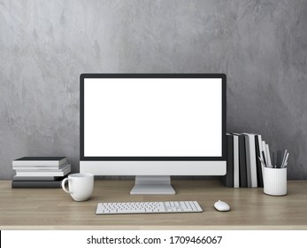 Blank screen desktop computer on desk  with books and cup.3d rendering