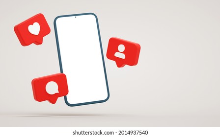 Blank Screen Floating Phone Mockup With Social Media Notifications. Smartphone Display Surrounded By Social Network Buttons, Realistic Presentation Template In 3D Rendering