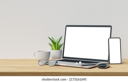 Blank Screen Laptop And Smartphone On Wood Office Desk With Copy Space. 3d Rendering.