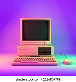 Blank Screen Of An Old Desktop PC In Bright Retro Lighting Colors. 3D Rendering.