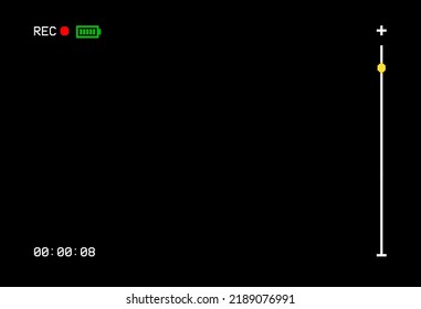 The Blank Screen Of An Old Vintage VHS VCR Recorder: Black Background, White Icons And Text, Recording With A Red Dot And A Full Green Battery. Use: Overlay Or Key. Clean Style.
