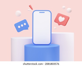 Blank Screen Smart Phone Mockup On Podium With Like And Message. Banner Template For Product Or Text. Social Media Notification. 3D Rendering