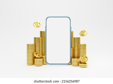 Blank Screen Of Smartphone With Golden Coins Stacking For Money Transfer And Trading Currency Exchange By Use Technology Concept By 3d Render Illustration.