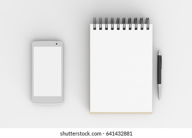 Blank screen smartphone and notepad with pen isolated on white background with clipping path. 3d illustration