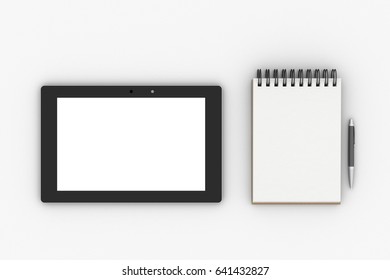 Blank screen tablet pc and notepad with pen isolated on white background with clipping path. 3d illustration - Powered by Shutterstock - Get 15% off with code: PIKWIZARD15
