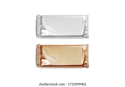 Blank Silver And Gold Chocolate Bar Foil Wrap Mockup, Isolated, 3d Rendering. Empty Rectangular Choco Block Wrapper Mock Up, Top View. Clear Slim Envelope For Sweetie Dessert Mokcup Template.