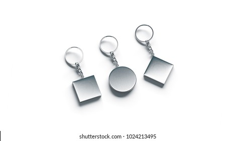 Blank Silver Key Chain Mock Up Side Set View, 3d Rendering. Clear Silvery Circular Square Rhombus Keychain Design Mockup Isolated. Empty Plain Metal Keyring Charm Souvenir Holder Template