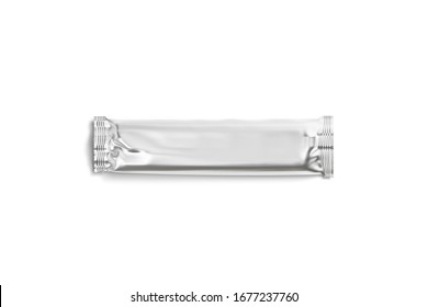 Blank Silver Rectangular Chocolate Bar Foil Wrap Mockup, Top View, 3d Rendering. Empty Metallic Wrapping For Choc Snack Mock Up, Isolated. Clear Candy Wraper For Chocolat Mokcup Template.