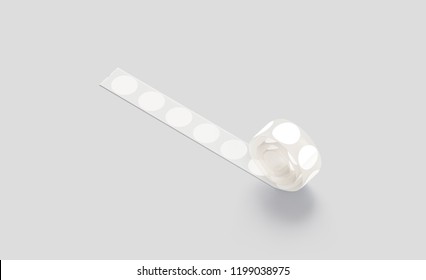 Blank Silver Tape With White Round Stickers Mockup, Side View, 3d Rendering. Empty Release Liner With Small Adhesive Labels Mock Up. Clear Strip With Circle Tag For Price Or Pack. Sticky Roll Template