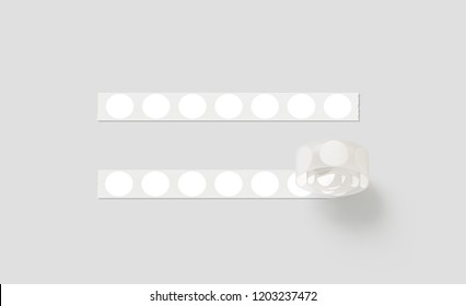 Blank Silver Tape With White Round Stickers Mockup, Isolated, 3d Rendering. Empty Adhesive Circle Tag On Roll Mock Up. Clear Release Liner Glue Label. Severed Line With Sticky For Sale Or Message.