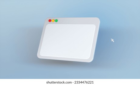 Blank Simple Browser Window With Arrow Cursor Symbol on Soft Blue Studio Background. Cartoon Minimal Style. Web Concept. 3D Render Illustration.
