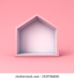 Blank Simple Display House Box Stand Isolated On Pink Pastel Color Background Minimal Conceptual 3D Rendering