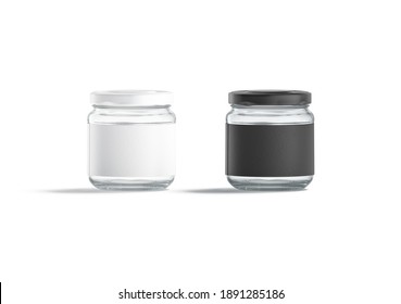 Blank Small Glass Jar With Black And White Label Mockup Set, 3d Rendering. Empty Transparent Closed Can For Food Storage Mock Up, Isolated, Front View. Clear Tin With Sticker For Logotype Template.