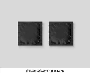 Blank Small Plastic Packet Design Mockup, 3d Illustration, Clipping Path. Clear Retort Sachet Mock Up Template. Clean Black Pouch Bag For Condom, Wet Napkin, Sugar, Shampoo Or Medicine Powder.